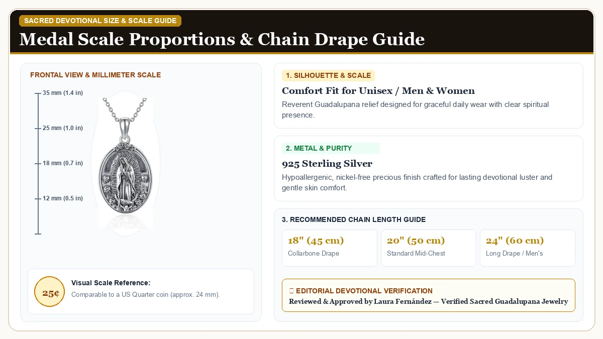 Size and millimeter scale measurement infographic: YAFEINI Our Lady of Guadalupe Necklace 925 Sterling Silver Mother in 925 Sterling Silver with chain drape guide