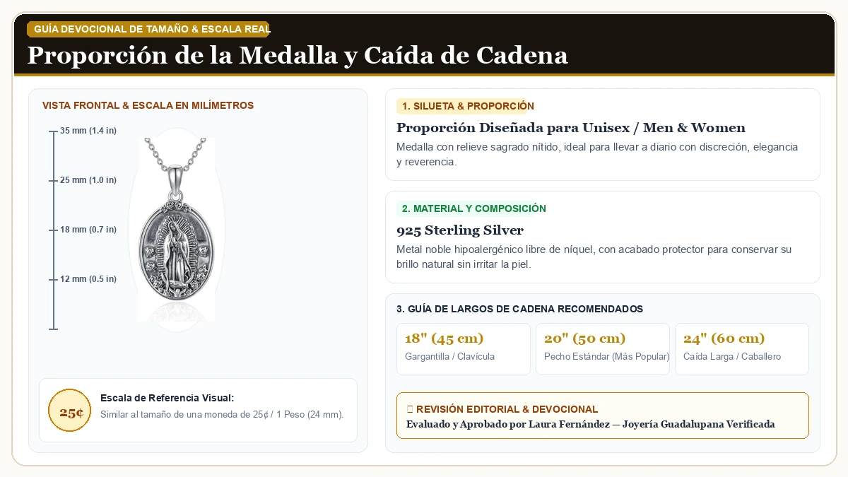 Infografía de escala y medidas en milímetros: YAFEINI Virgen De Guadalupe Collar 925 de Ley Plata Mother Mary C en Plata de Ley 925 Esterlina con guía de tamaño y largo de cadena