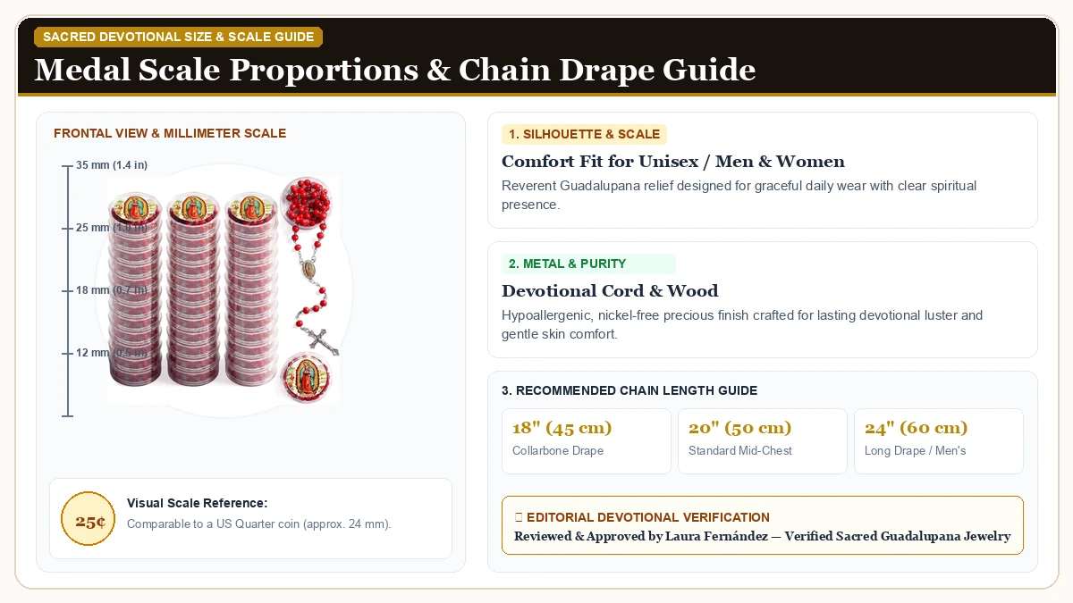 Size and millimeter scale measurement infographic: Bucherry 36 Pcs Our Lady of Guadalupe Scented Rosary Necklace Our in Devotional Cord & Wood with chain drape guide