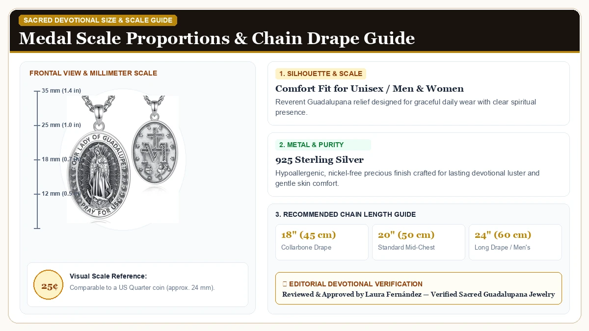 Size and millimeter scale measurement infographic: EUDORA 925 Sterling Silver St Christopher/St Benedict/St Michael/ in 925 Sterling Silver with chain drape guide