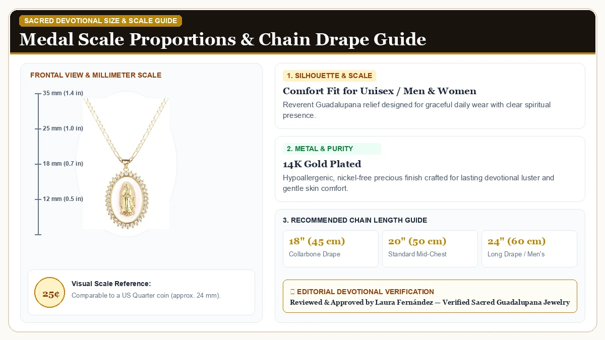Size and millimeter scale measurement infographic: Gold Guadalupe Virgin Mary Necklace for Women Men Teens, 14K Gold in 14K Gold Plated Brass with chain drape guide