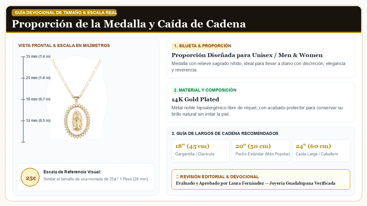 Infografía de escala y medidas en milímetros: Oro Guadalupe Virgen María Collar para Dama Men Teens, 14K Oro Pl en Chapa de Oro de 14K de Alta Calidad con guía de tamaño y largo de cadena