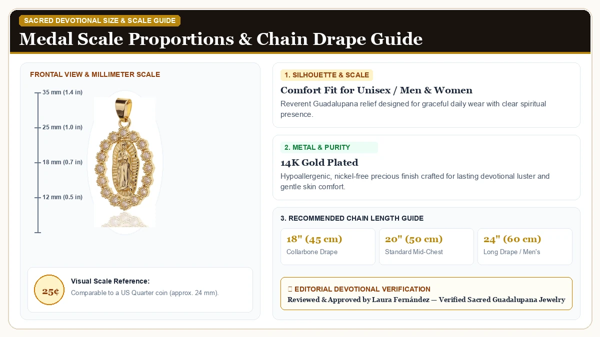 Size and millimeter scale measurement infographic: Virgin Mary Simulated Diamonds Necklace,14k Gold in 14K Gold Plated Brass with chain drape guide