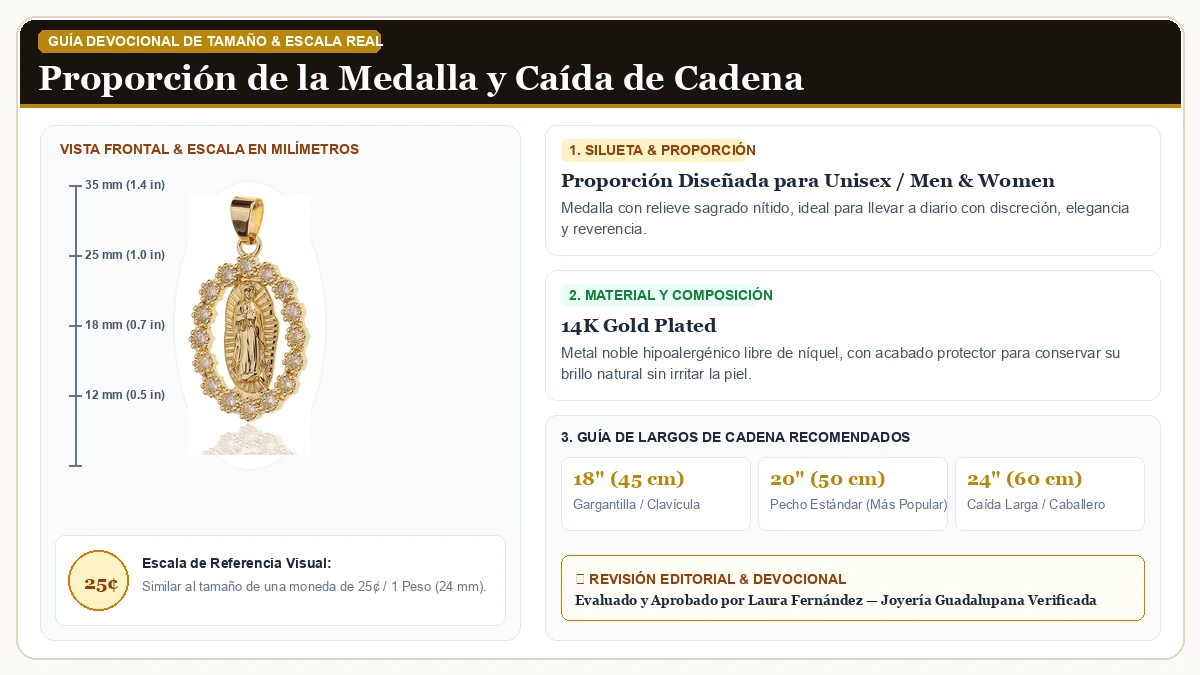 Infografía de escala y medidas en milímetros: Virgen María Simulated Diamonds Collar,14k Oro en Chapa de Oro de 14K de Alta Calidad con guía de tamaño y largo de cadena