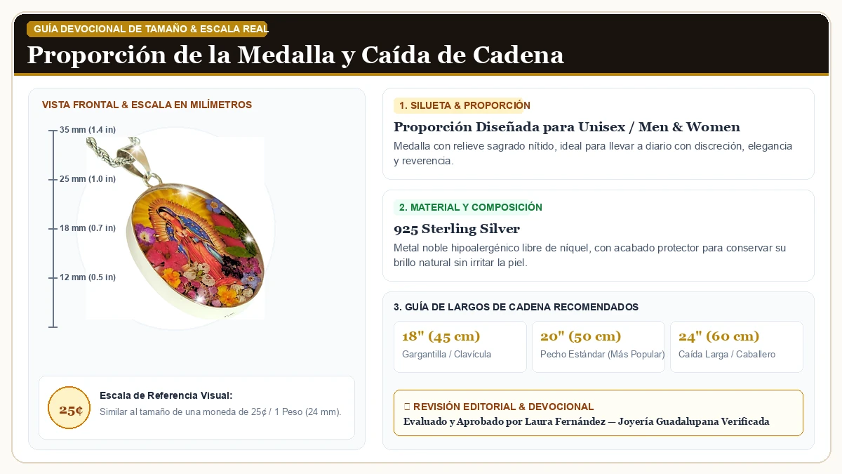 Infografía de escala y medidas en milímetros: Virgen María Collar Virgen de Guadalupe Medalla Colgante Mary Med en Plata de Ley 925 Esterlina con guía de tamaño y largo de cadena