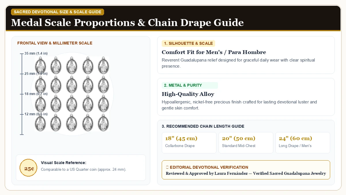Size and millimeter scale measurement infographic: 60Pcs Metal Oval Cruz Del Perdon Catolica Our Lady of Guadalupe C in Hypoallergenic Metal Alloy with chain drape guide
