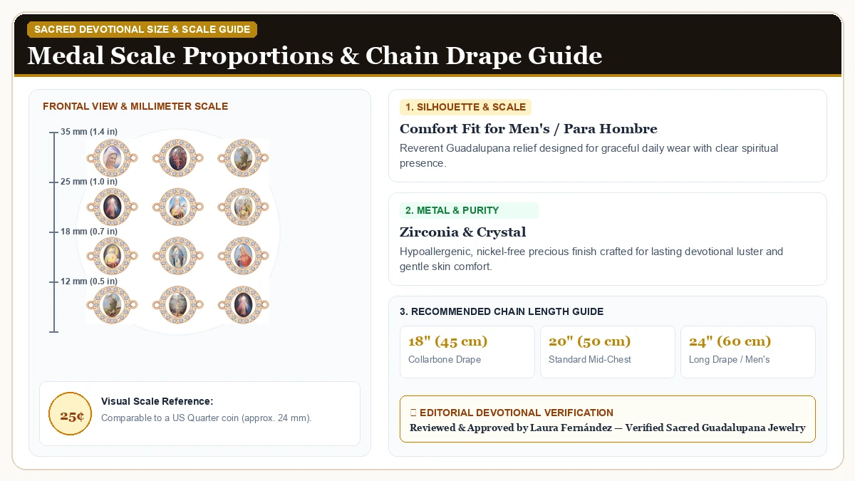 Size and millimeter scale measurement infographic: 36pcs Metal Enamel Image La Our Lady of Guadalupe Charms Religiou in Cubic Zirconia & Crystals with chain drape guide