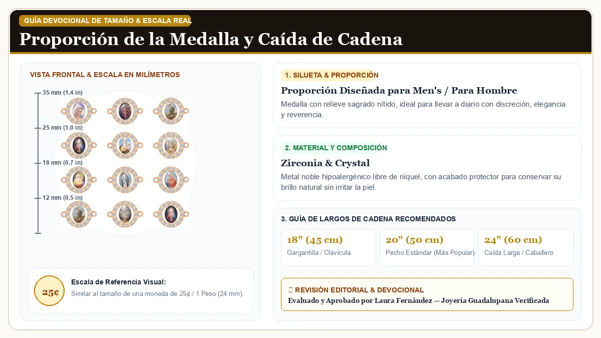 Infografía de escala y medidas en milímetros: 36pcs Metal Enamel Image La Virgen De Guadalupe Charms Religioso  en Circonias Cúbicas Brillantes con guía de tamaño y largo de cadena
