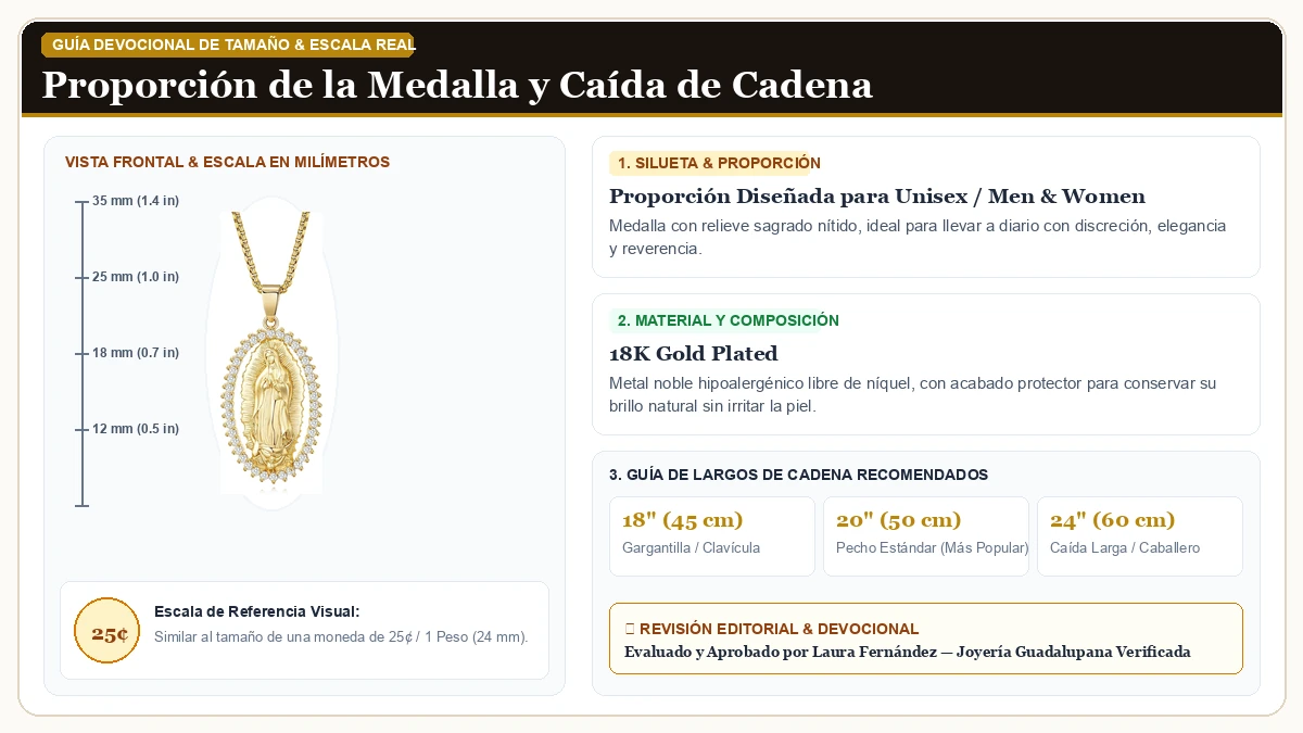 Infografía de escala y medidas en milímetros: 18K Oro Plated Virgen María Collar en Chapa de Oro de 18K Reluciente con guía de tamaño y largo de cadena