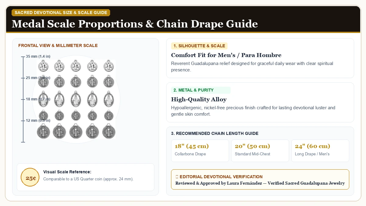 Size and millimeter scale measurement infographic: 100Pcs 5 Styles Catolica Cruz De San Benito Medal Charms La Virge in Hypoallergenic Metal Alloy with chain drape guide