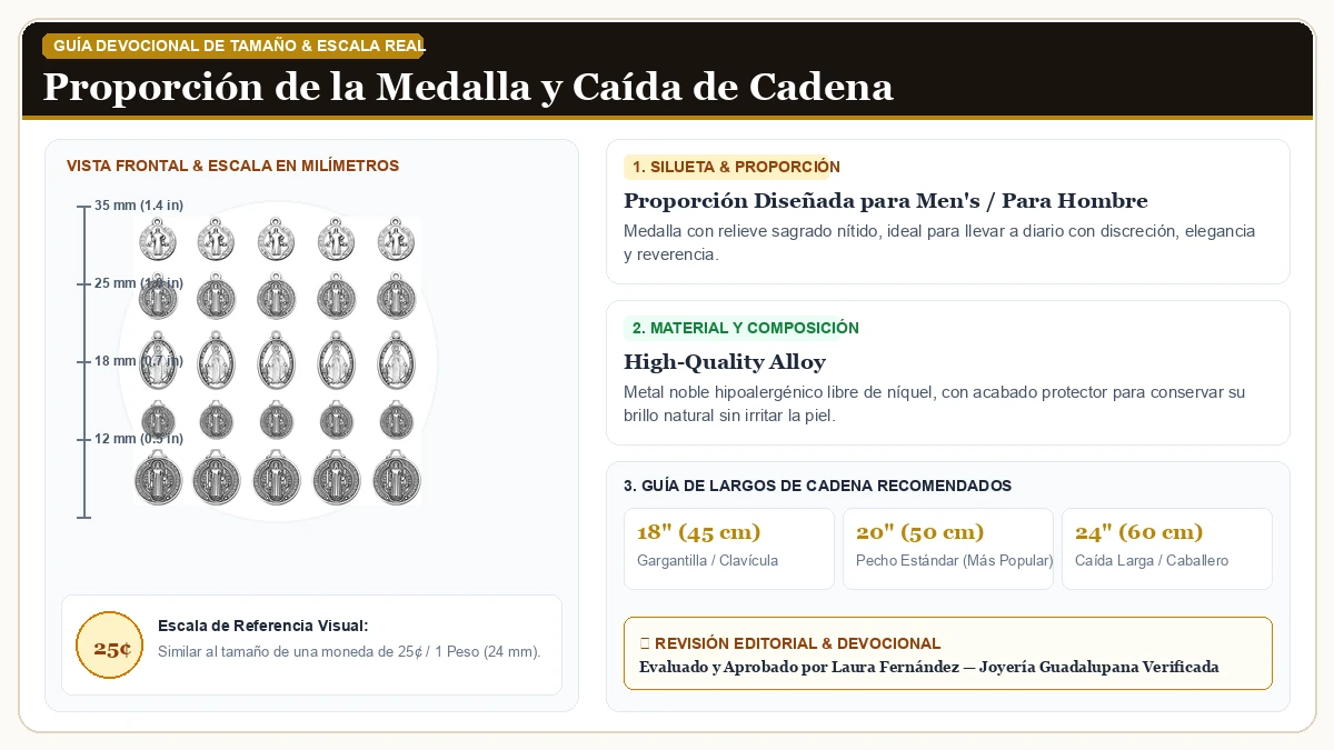 Infografía de escala y medidas en milímetros: 100Pcs 5 Styles Catolica Cruz De San Benito Medalla Charms La Vir en Aleación Metálica Resistente Libre de Níquel con guía de tamaño y largo de cadena