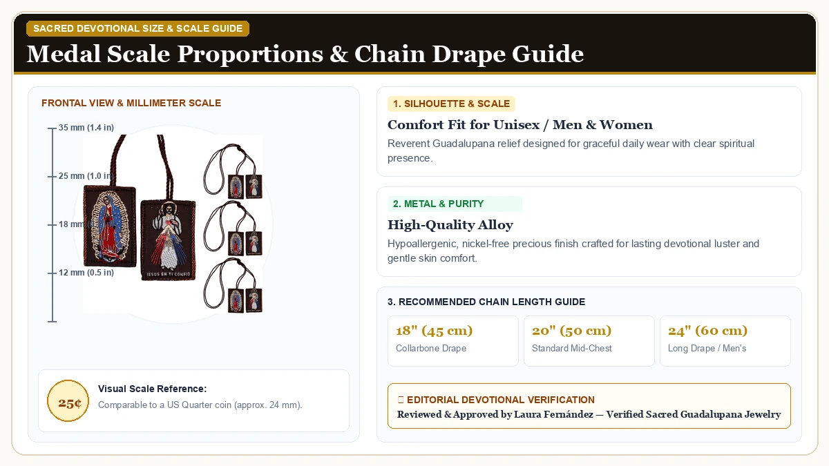 Size and millimeter scale measurement infographic: Brown & Green Scapular Necklace Pack of 3 in Hypoallergenic Metal Alloy with chain drape guide