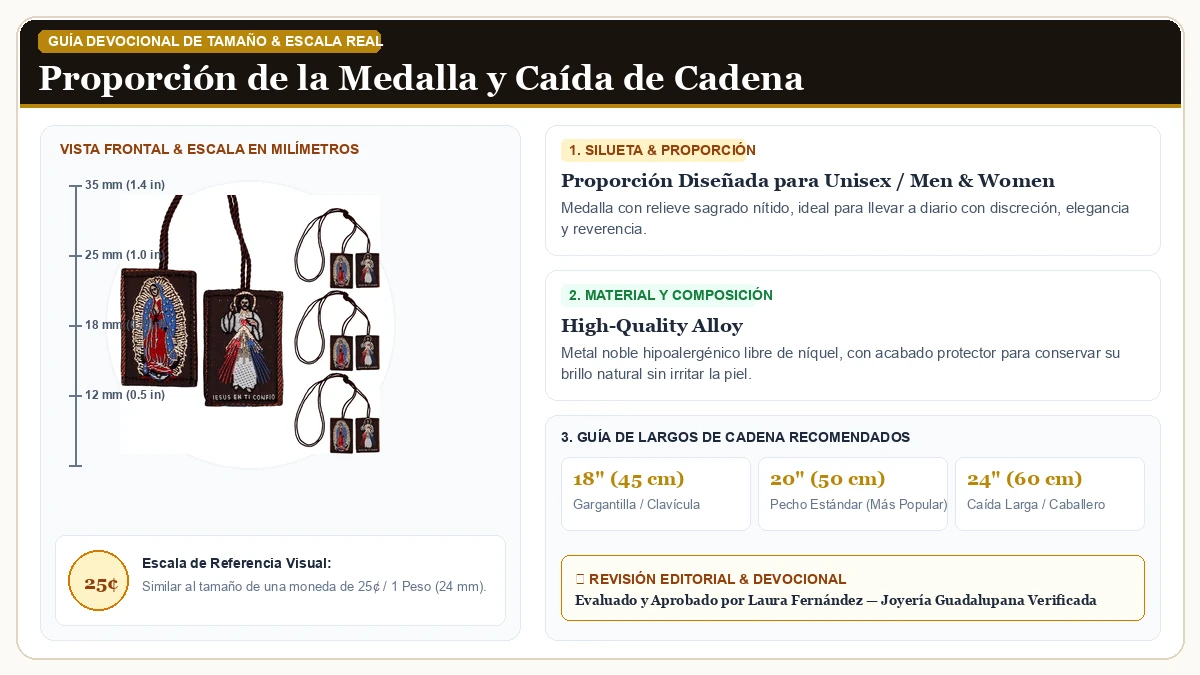 Infografía de escala y medidas en milímetros: Brown & Green Escapulario Collar Pack of 3 en Aleación Metálica Resistente Libre de Níquel con guía de tamaño y largo de cadena
