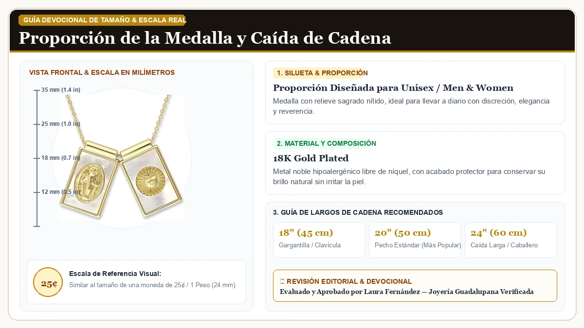 Infografía de escala y medidas en milímetros: Scapulars Católico Collar en Chapa de Oro de 18K Reluciente con guía de tamaño y largo de cadena