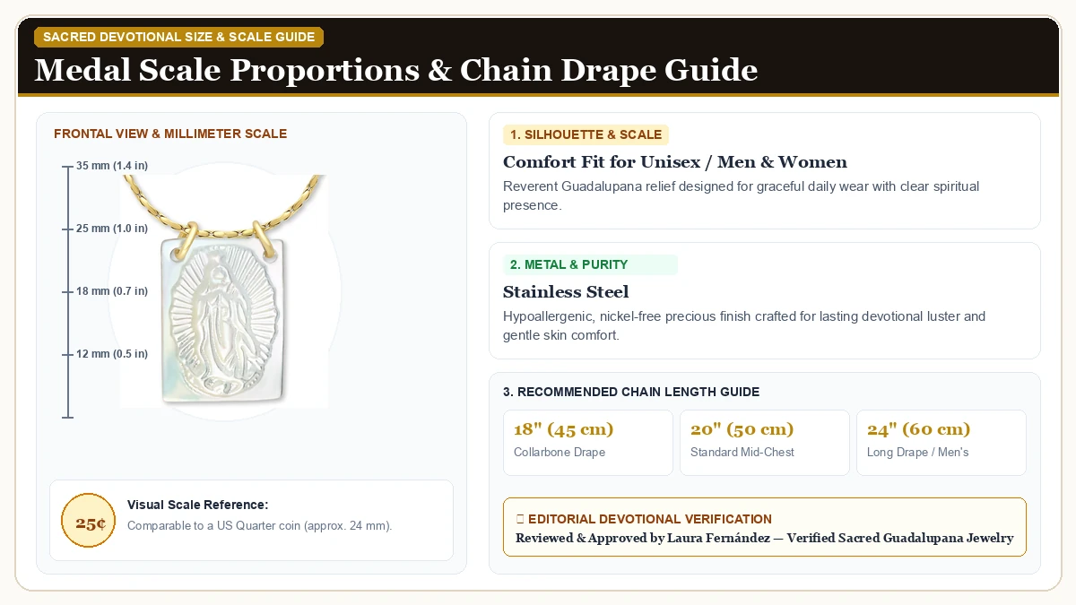 Size and millimeter scale measurement infographic: Scapulars Catholic Necklace in 316L Stainless Steel with chain drape guide