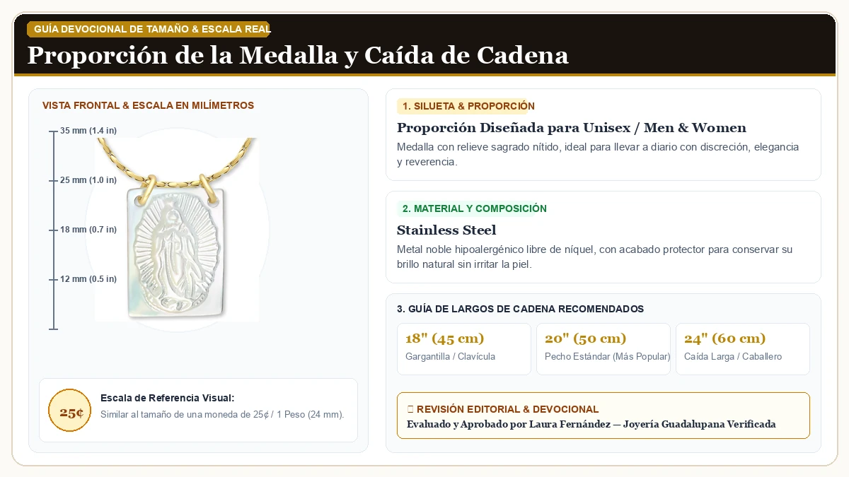 Infografía de escala y medidas en milímetros: Scapulars Católico Collar en Acero Quirúrgico Inoxidable 316L con guía de tamaño y largo de cadena