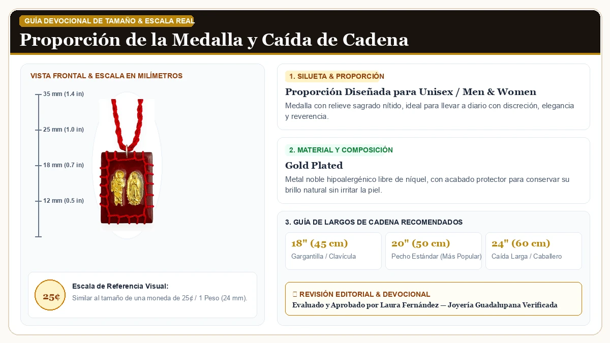 Infografía de escala y medidas en milímetros: GCK Virgen de Guadalupe St Jude Red Wood Escapulario Collar Rever en Chapa de Oro Duradera con guía de tamaño y largo de cadena