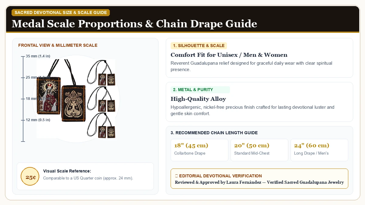 Size and millimeter scale measurement infographic: Scapular de la Virgen del Carmen Pack of 3 Scapular Catolico Brow in Hypoallergenic Metal Alloy with chain drape guide
