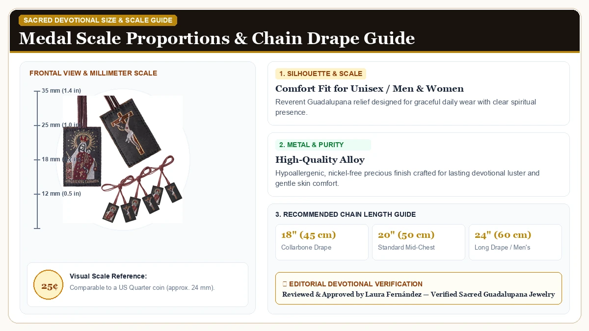 Size and millimeter scale measurement infographic: Escapularios Catolicos,3 Pcs Scapular de la Virgen del Carmen,Han in Hypoallergenic Metal Alloy with chain drape guide