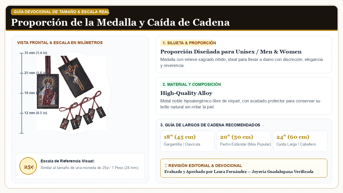 Infografía de escala y medidas en milímetros: Escapularios Catolicos,3 Pcs Escapulario de la Virgen del Carmen, en Aleación Metálica Resistente Libre de Níquel con guía de tamaño y largo de cadena