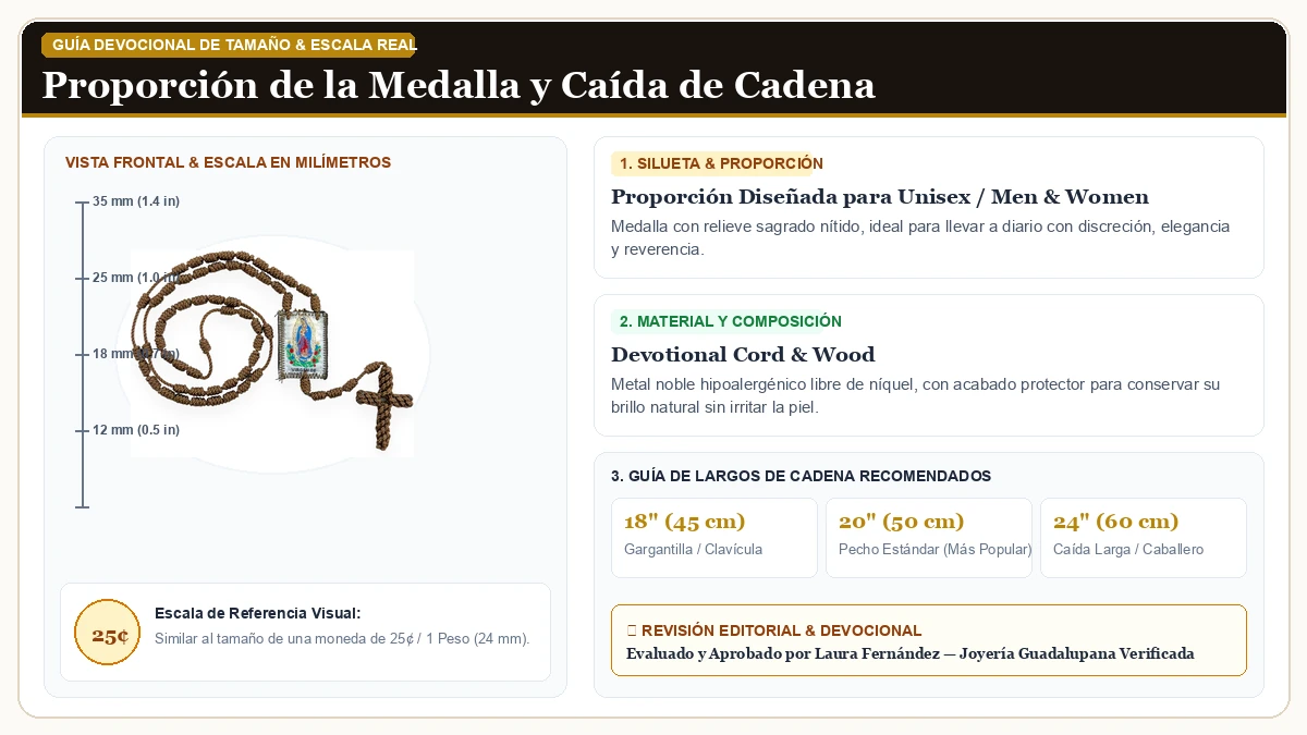 Infografía de escala y medidas en milímetros: Generic Virgen de Guadalupe Virgen María con St Michael Brown Twi en Cordón Devocional y Madera Sagrada con guía de tamaño y largo de cadena