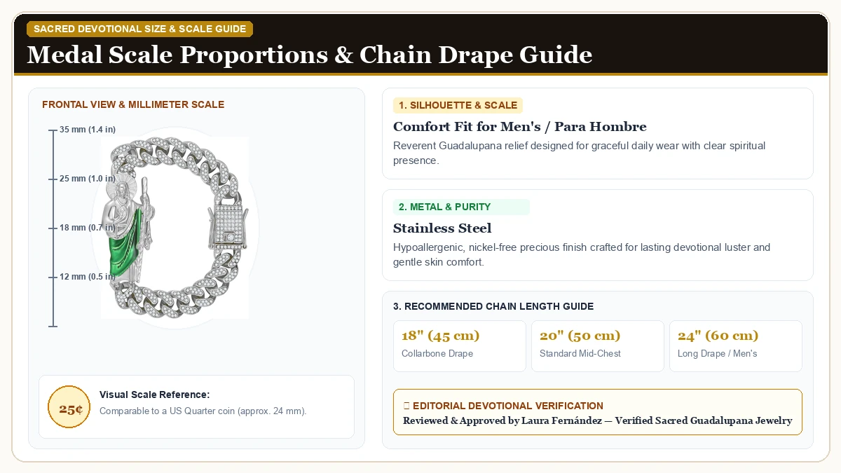 Size and millimeter scale measurement infographic: Saint Jude Bracelet Stainless Steel Plated Saint Jude Pendant Cat in 316L Stainless Steel with chain drape guide