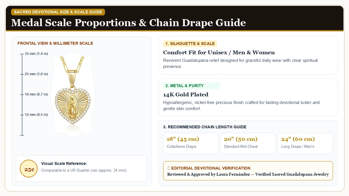 Size and millimeter scale measurement infographic: Catholic Gift Virgin Mary Necklace for Women, 14K gold plated Gua in 14K Gold Plated Brass with chain drape guide