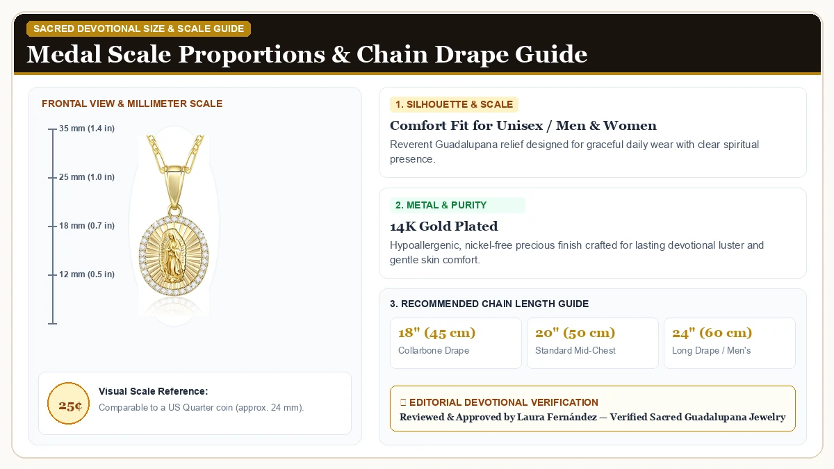Size and millimeter scale measurement infographic: Catholic Gift Virgin Mary Necklace for Women, 14K gold plated Gua in 14K Gold Plated Brass with chain drape guide