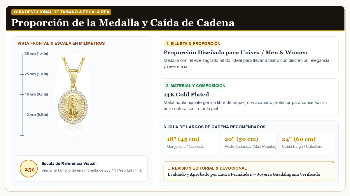 Infografía de escala y medidas en milímetros: Católico Regalo Virgen María Collar para Dama, 14K Oro plated Gua en Chapa de Oro de 14K de Alta Calidad con guía de tamaño y largo de cadena