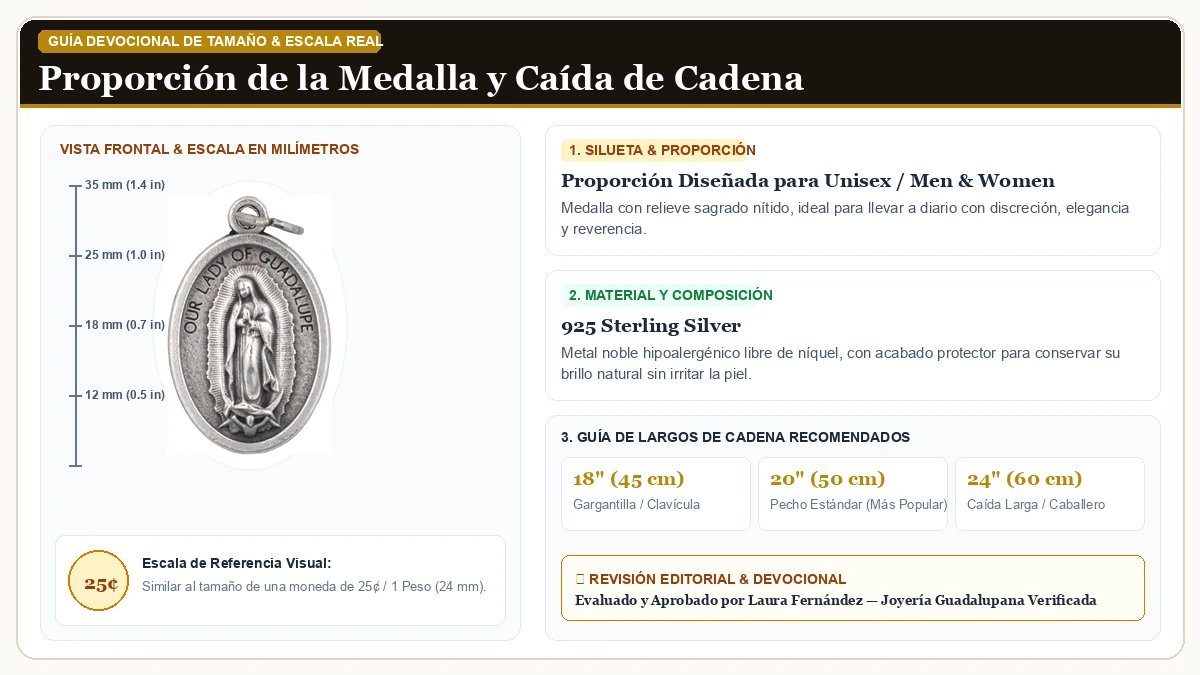 Infografía de escala y medidas en milímetros: Elegant Virgen de Guadalupe Medalla Medalla Colgante en Plata de Ley 925 Esterlina con guía de tamaño y largo de cadena