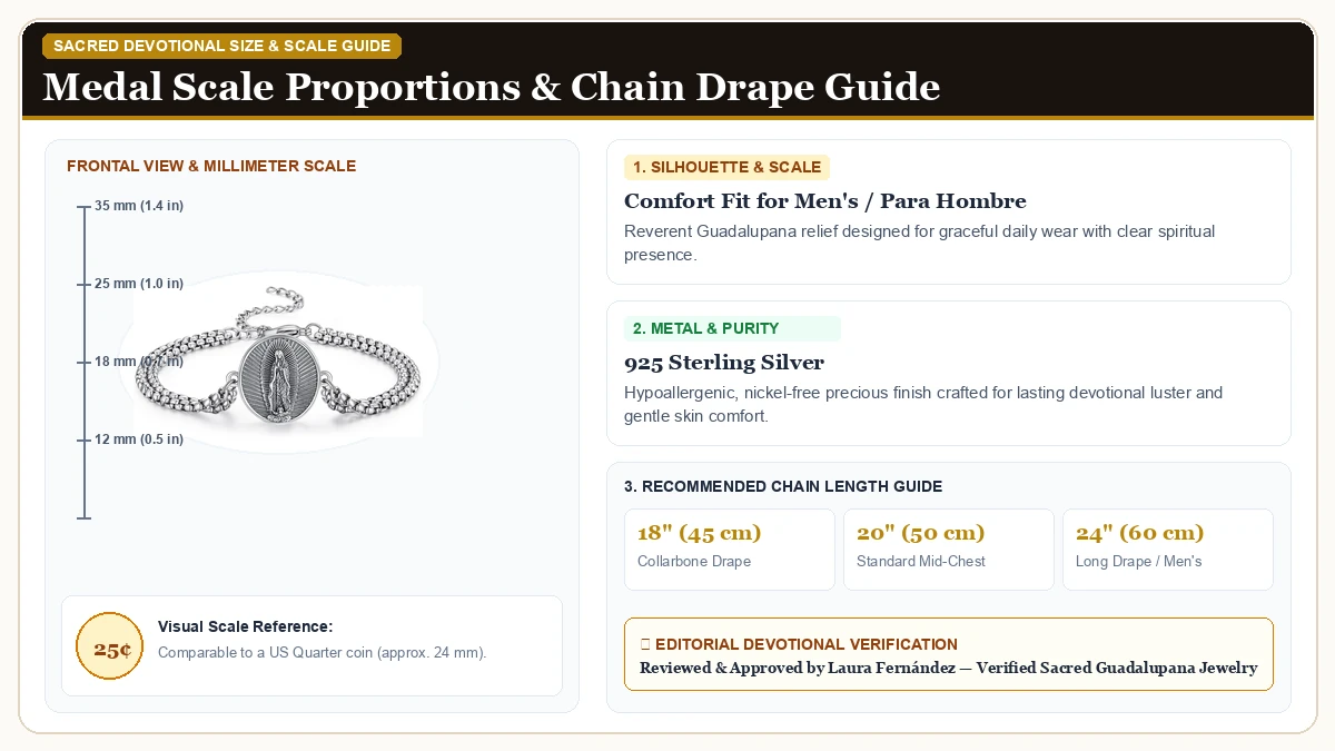 Size and millimeter scale measurement infographic: ADMETUS 925 Sterling Silver Patron Saint Bracelets in 925 Sterling Silver with chain drape guide