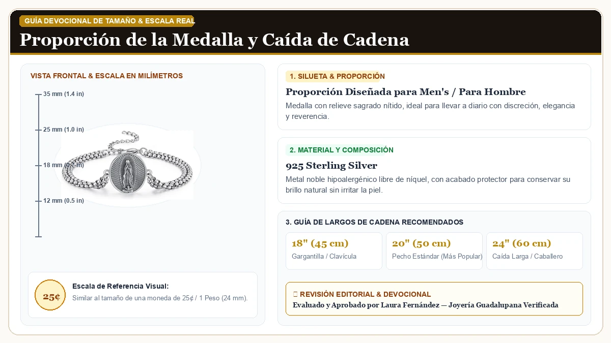 Infografía de escala y medidas en milímetros: ADMETUS 925 de Ley Plata Patron Saint Bracelets en Plata de Ley 925 Esterlina con guía de tamaño y largo de cadena
