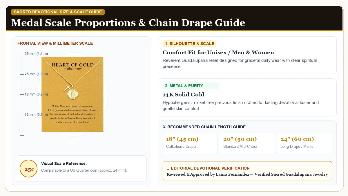 Size and millimeter scale measurement infographic: Golden Necklace for Women Virgin Mary Angel Butterfly Necklace Si in 14K Solid Gold with chain drape guide