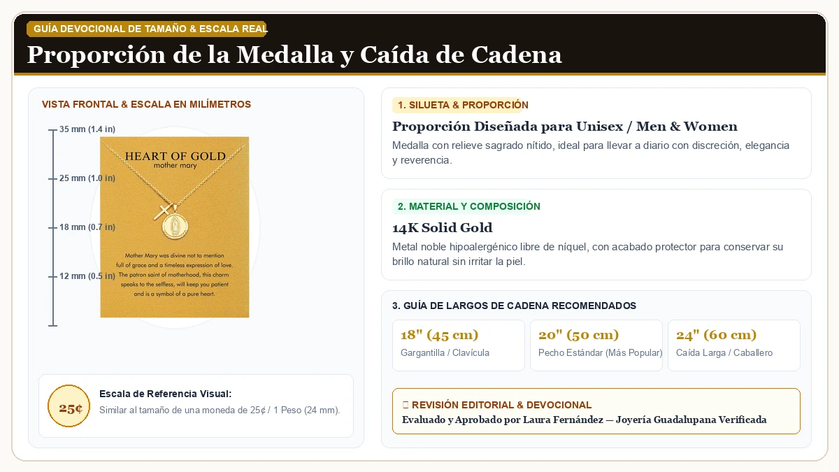 Infografía de escala y medidas en milímetros: Golden Collar para Dama Virgen María Angel Butterfly Collar Siste en Oro Sólido de 14 Quilates con guía de tamaño y largo de cadena