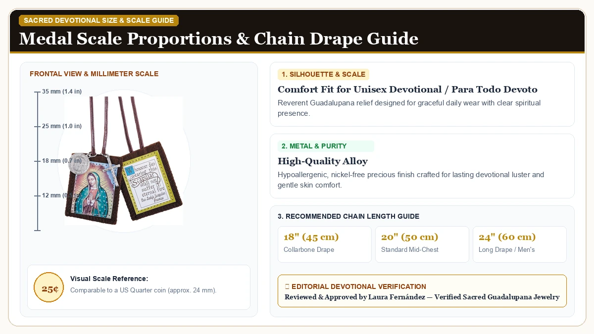 Size and millimeter scale measurement infographic: Needzo Our Lady of Guadalupe Brown Scapular with Medals, Traditio in Hypoallergenic Metal Alloy with chain drape guide