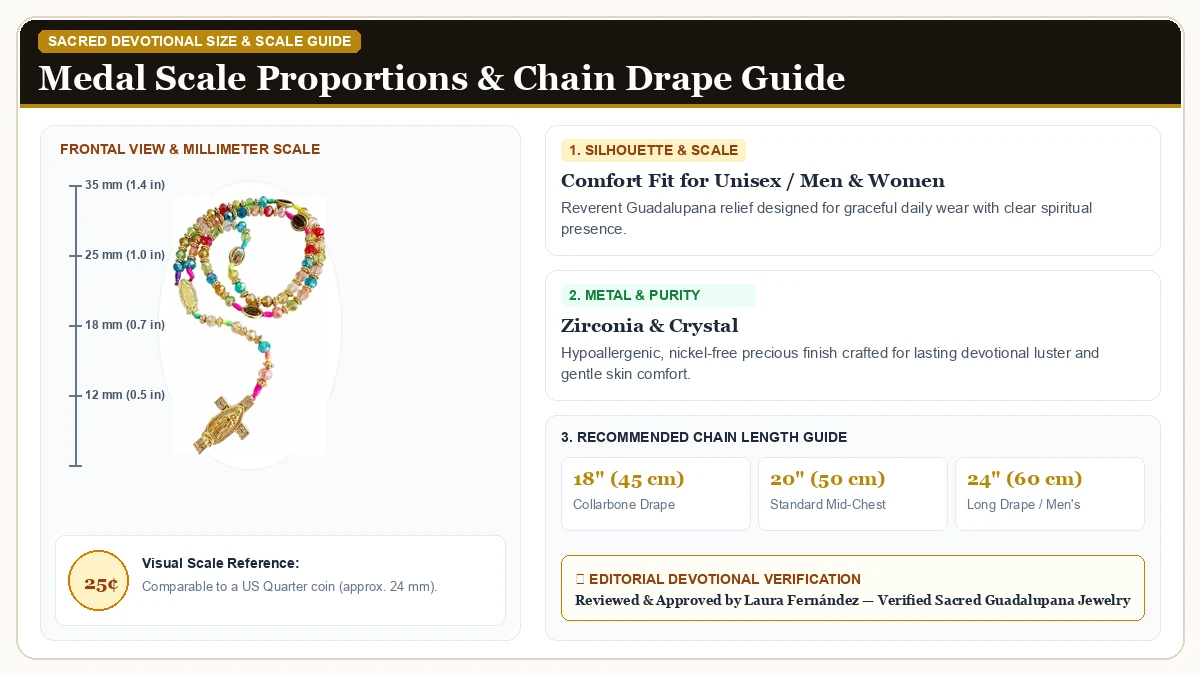 Size and millimeter scale measurement infographic: BONITTER Mexican Virgin Mary necklace, Guadalupe Crucifix Wall Cr in Cubic Zirconia & Crystals with chain drape guide