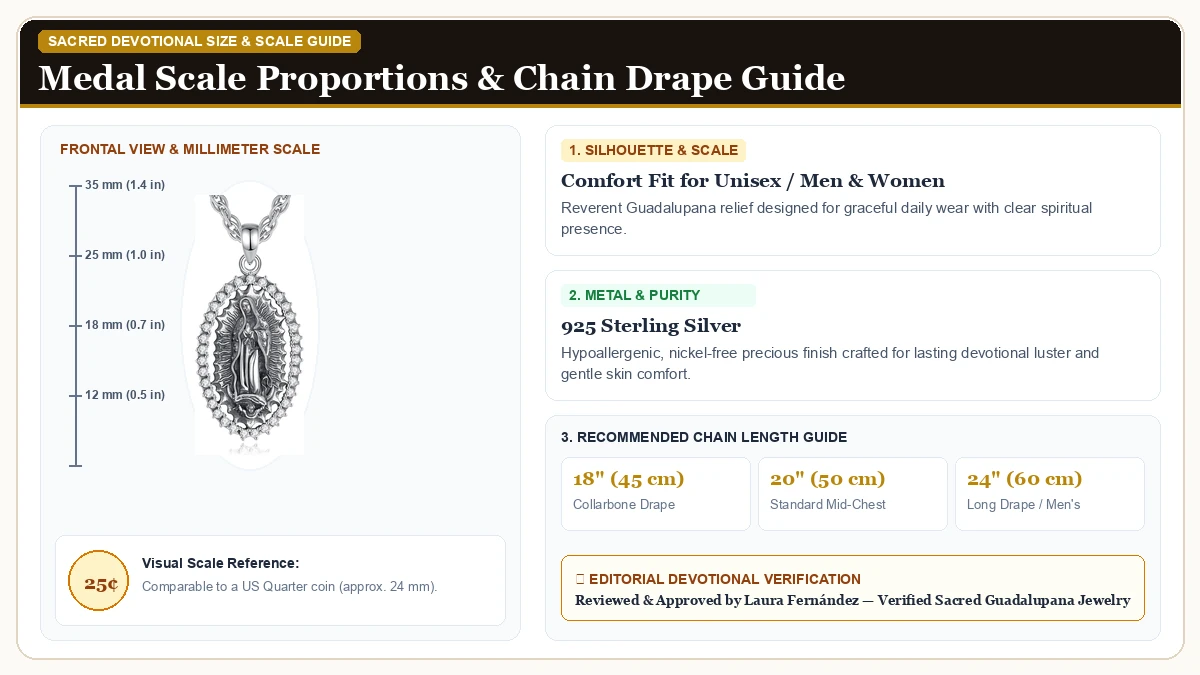 Size and millimeter scale measurement infographic: EUDORA 925 Sterling Silver St Benedict/St Michael/St Christopher/ in 925 Sterling Silver with chain drape guide
