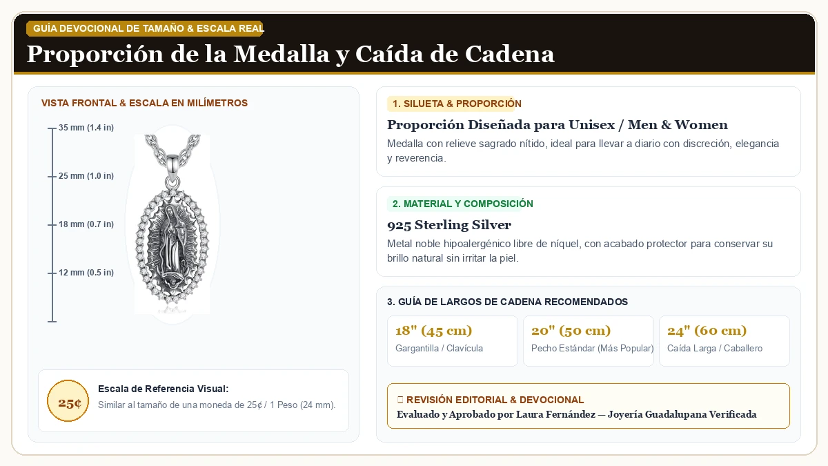 Infografía de escala y medidas en milímetros: EUDORA 925 de Ley Plata St Benedict/St Michael/St Christopher/Arc en Plata de Ley 925 Esterlina con guía de tamaño y largo de cadena