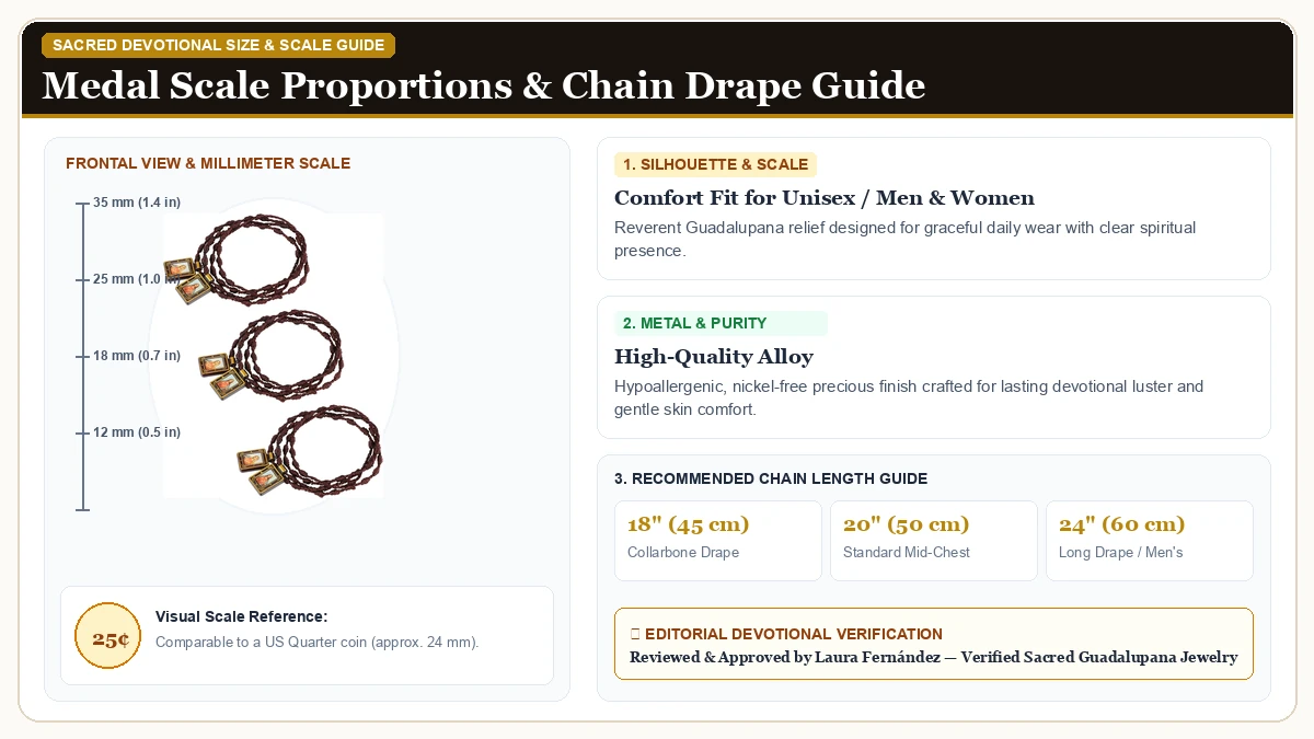 Size and millimeter scale measurement infographic: COTTVOTT Catholic Scapular Necklace Catolicos Sacred Heart of Jes in Hypoallergenic Metal Alloy with chain drape guide