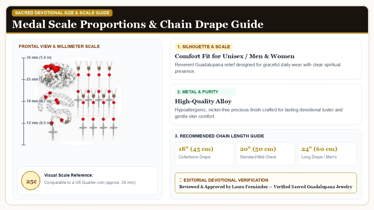 Size and millimeter scale measurement infographic: Quelay 12 Pcs Our Lady of Guadalupe Rosarios Catolicos Rosarie Bu in Hypoallergenic Metal Alloy with chain drape guide