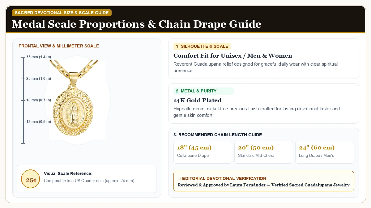 Size and millimeter scale measurement infographic: Virgin Mary Necklace for Women, 14K Gold Plated Copper Our Lady o in 14K Gold Plated Brass with chain drape guide
