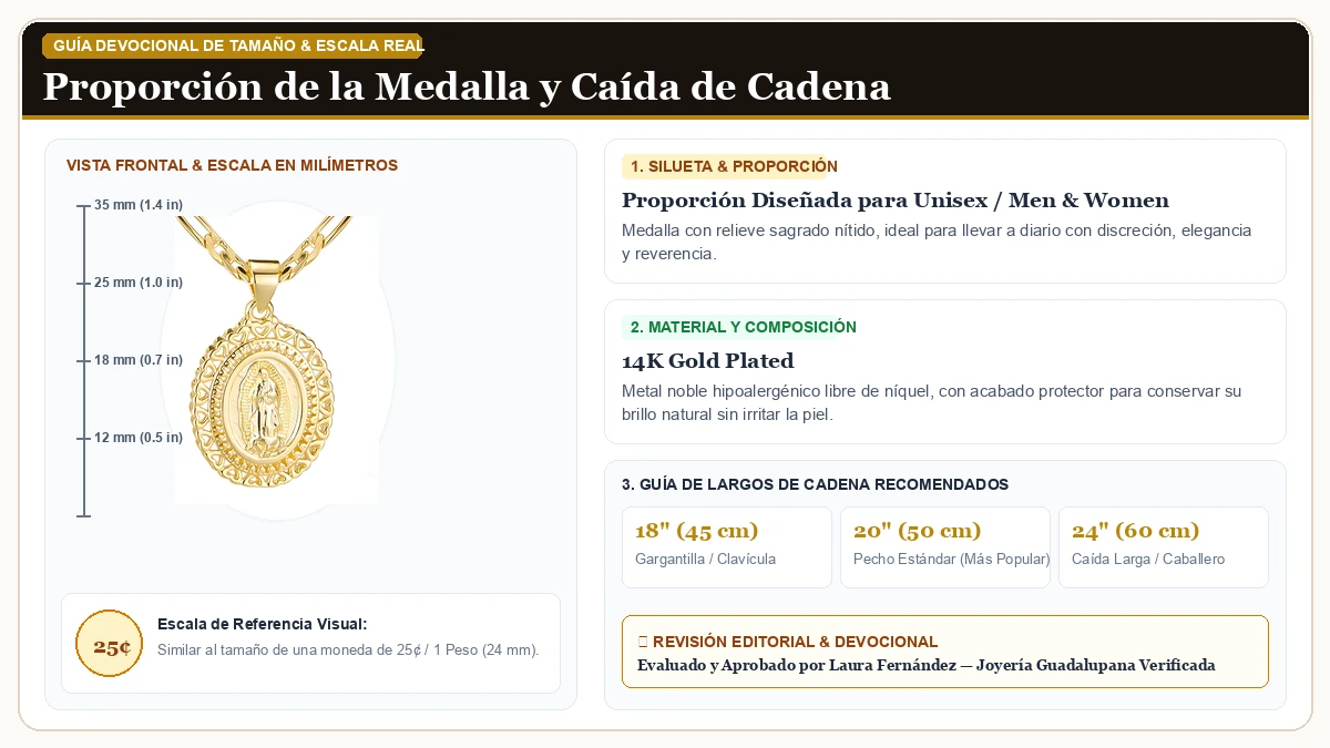 Infografía de escala y medidas en milímetros: Virgen María Collar para Dama, 14K Oro Plated Copper Virgen de Gu en Chapa de Oro de 14K de Alta Calidad con guía de tamaño y largo de cadena
