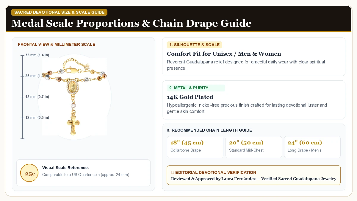 Size and millimeter scale measurement infographic: Catholic Crucifix Gifts Rosary Bracelet for Women in 14K Gold Plated Brass with chain drape guide