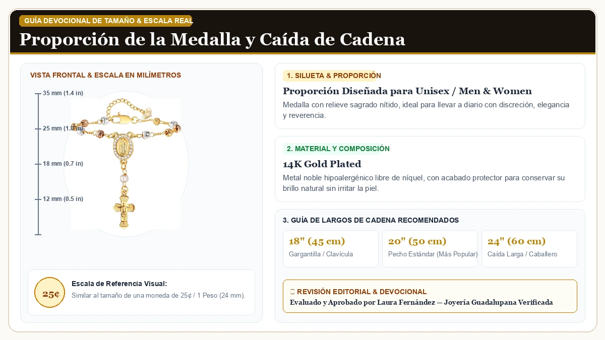 Infografía de escala y medidas en milímetros: Católico Crucifix Regalos Rosary Brazalete para Dama en Chapa de Oro de 14K de Alta Calidad con guía de tamaño y largo de cadena
