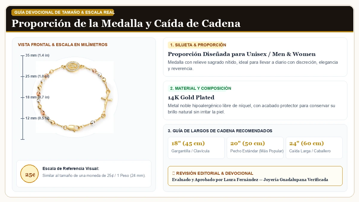 Infografía de escala y medidas en milímetros: Católico Crucifix Regalos Rosary Brazalete para Dama en Chapa de Oro de 14K de Alta Calidad con guía de tamaño y largo de cadena