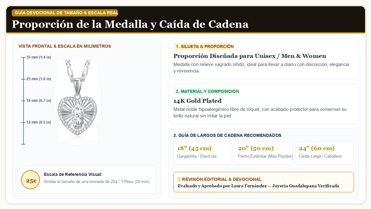 Infografía de escala y medidas en milímetros: Católico Regalo Virgen María Collar para Dama, 14K Oro plated Gua en Chapa de Oro de 14K de Alta Calidad con guía de tamaño y largo de cadena