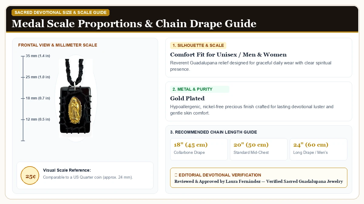 Size and millimeter scale measurement infographic: Our Lady of Guadalupe Black Wood Scapular Necklace Reversible Gol in Gold Plated Alloy with chain drape guide