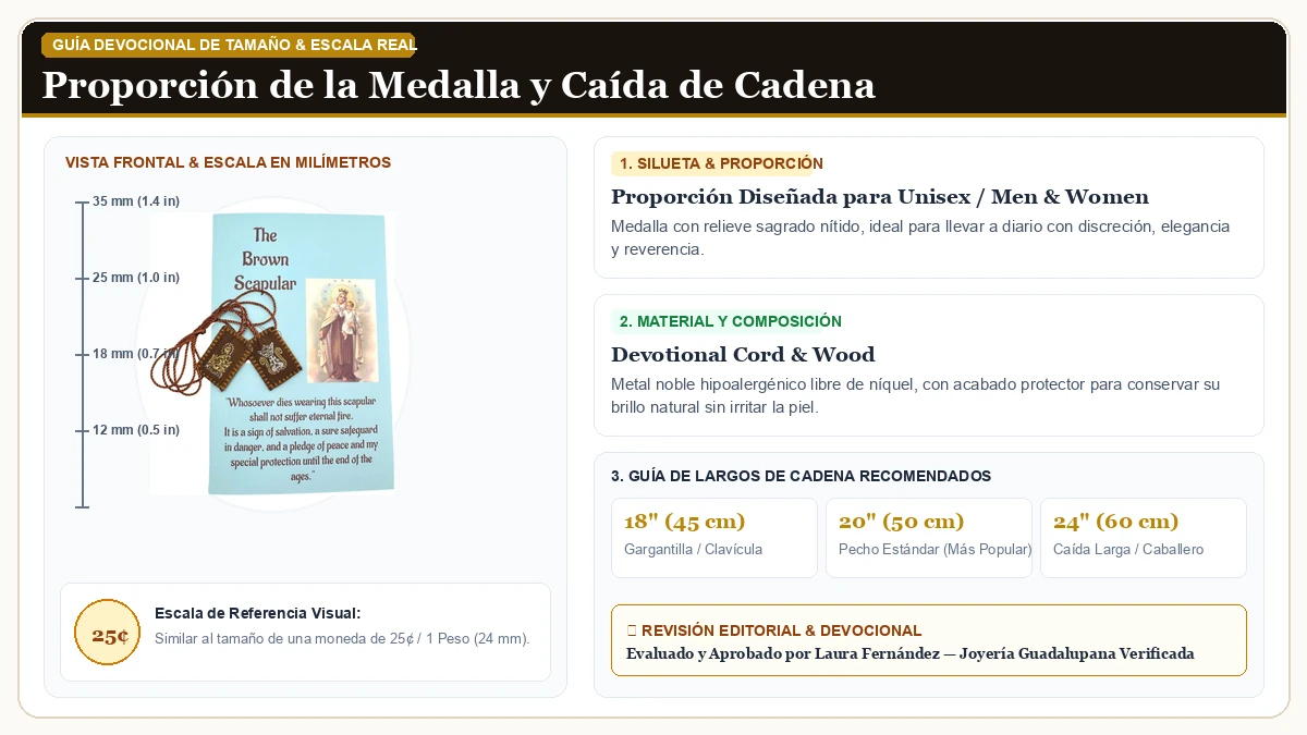 Infografía de escala y medidas en milímetros: Westmon Works The Brown Escapulario Oración Set Traditional Wool  en Cordón Devocional y Madera Sagrada con guía de tamaño y largo de cadena