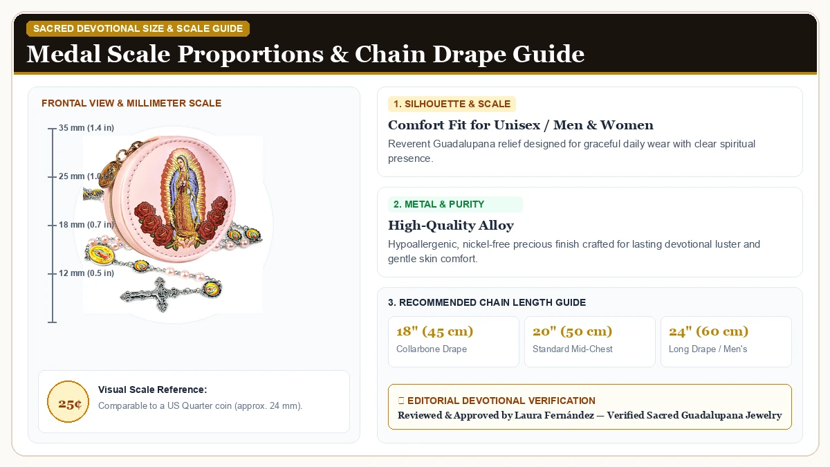 Size and millimeter scale measurement infographic: 8mm Glass Pearl Catholic Rosary Necklace for Women in Hypoallergenic Metal Alloy with chain drape guide
