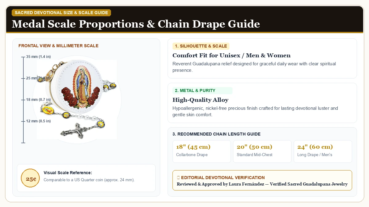 Size and millimeter scale measurement infographic: 8mm Glass Pearl Catholic Rosary Necklace for Women in Hypoallergenic Metal Alloy with chain drape guide